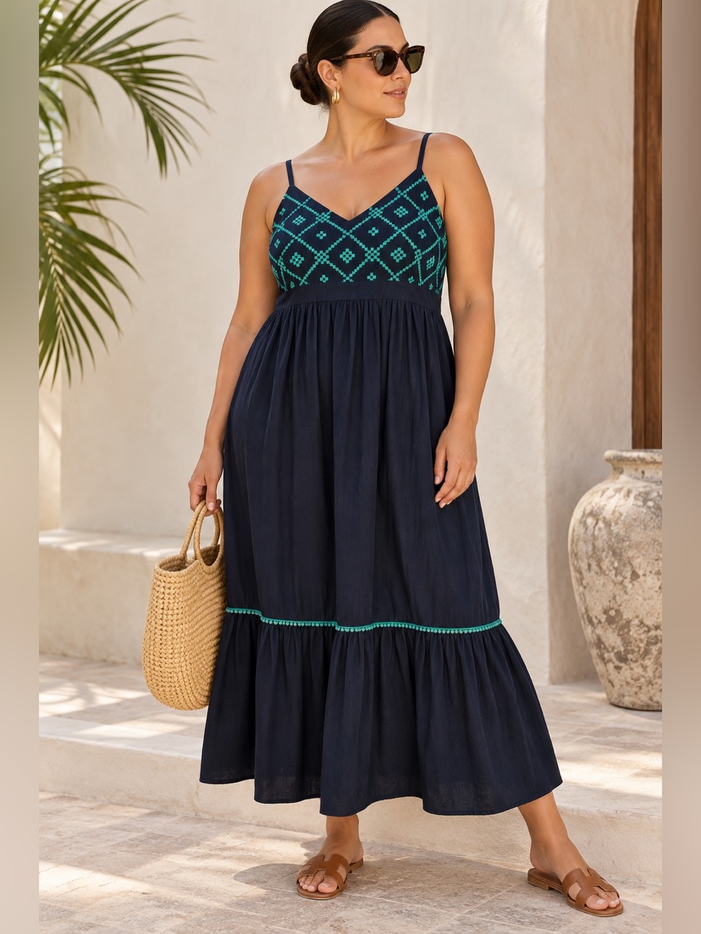 Ava & Viv | Navy Teal Embroidered Tiered Maxi Dress - Size X 14W